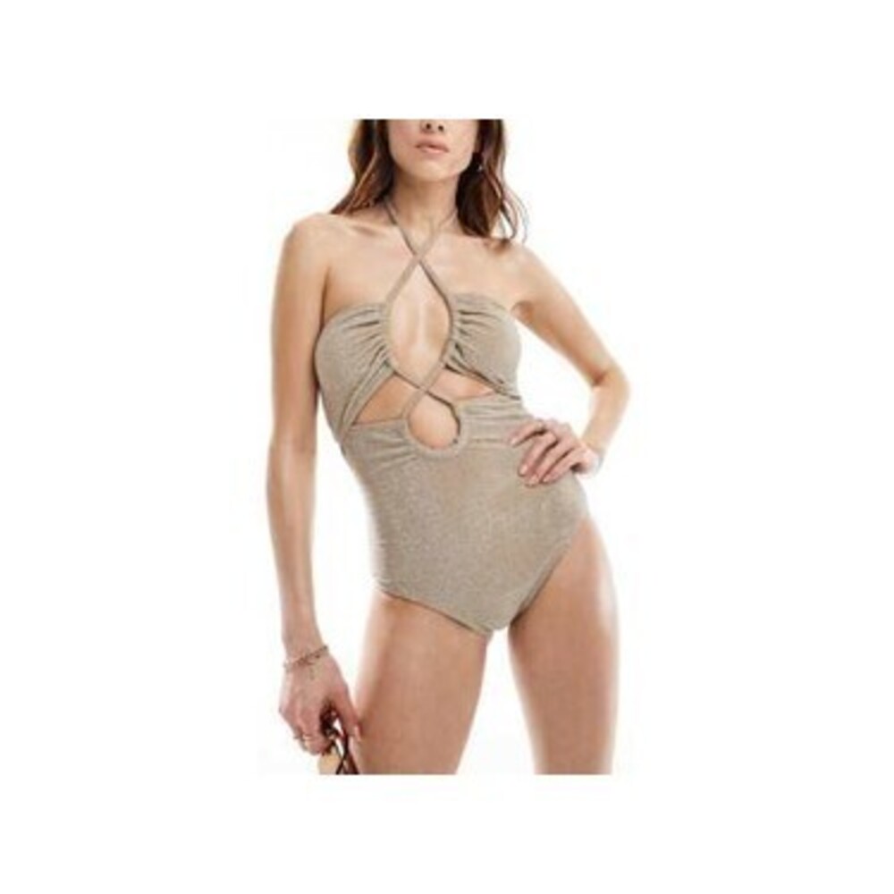 Vila halterneck cut out swimsuit in shimmer stone